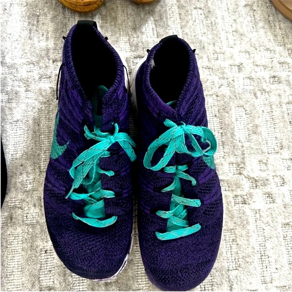 Nike Purple and Green Athletic Shoes with Knit Fabric Sock-Like Fit